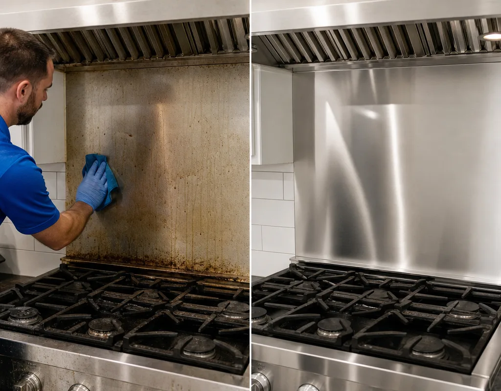Before and after kitchen cooktop and backsplash with greasy residue removed