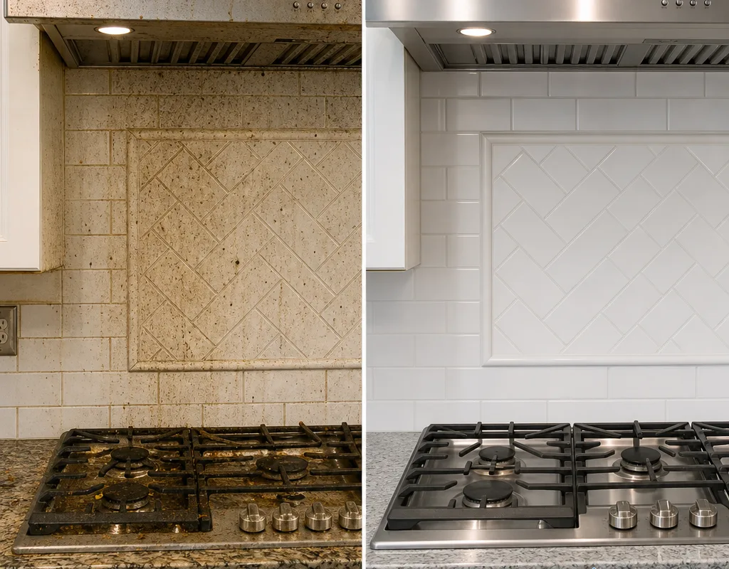 Before and after kitchen cooktop and backsplash with greasy residue removed
