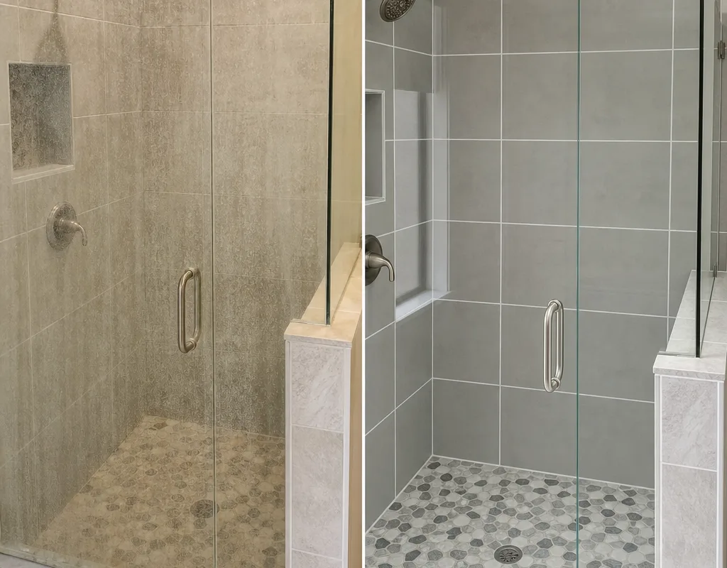 Before and after view of soap scum and mineral film removed from shower tile and glass