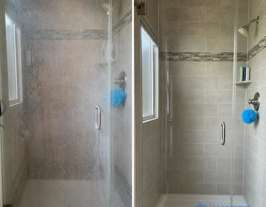 Before and after view of soap scum and mineral film removed from shower tile and glass