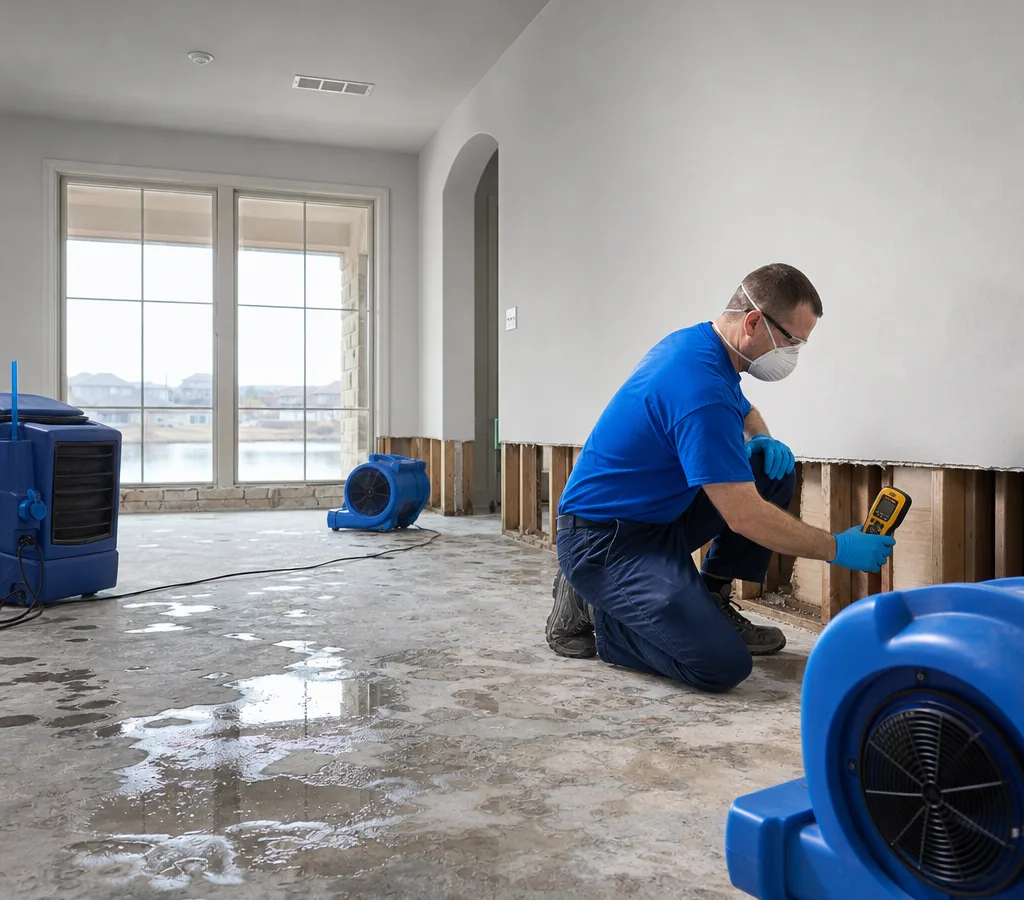 Technician measuring moisture while air movers dry a Rockwall-area home after water damage