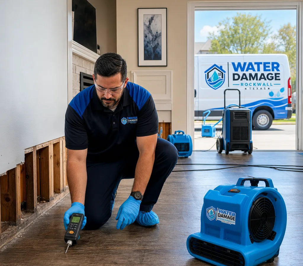 Technician measuring moisture while air movers dry a Rockwall-area home after water damage