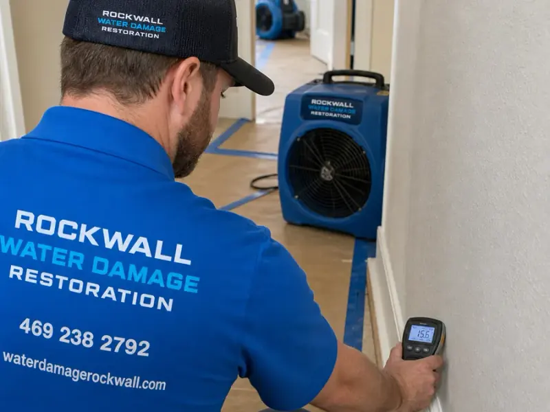 Water damage restoration professional assisting at a Rockwall property