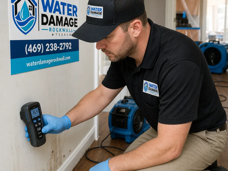 Restoration professional checking moisture along a wall and baseboard while drying equipment runs