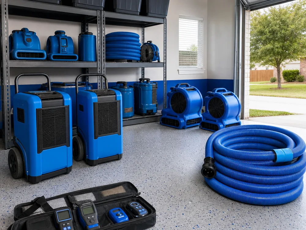Dehumidifiers, air movers, hoses, and moisture meters staged cleanly for water damage restoration