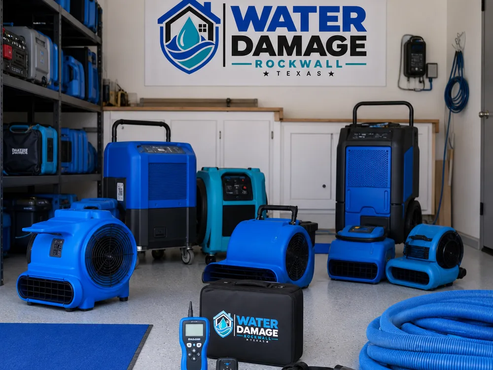 Dehumidifiers, air movers, hoses, and moisture meters staged cleanly for water damage restoration